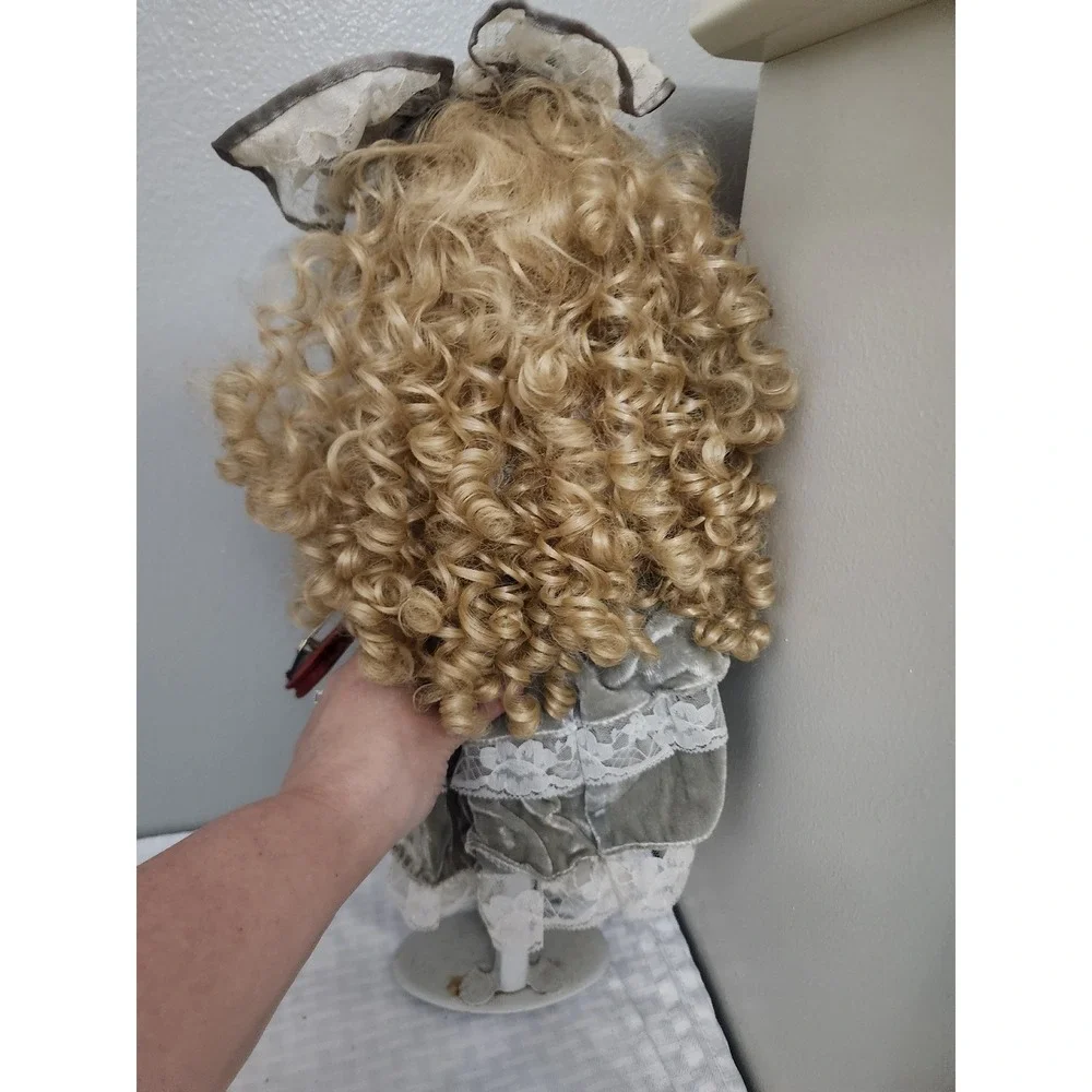 Vintage Porcelain Doll Blonde Curls Blue Eyes Velvet Lace Dress Violin 16 inch
